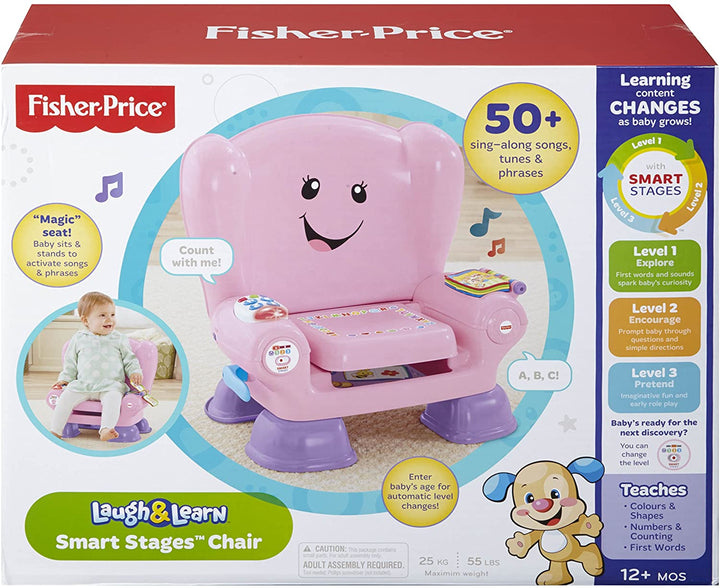 Fisher Price CFD39 Smart Stages - Silla rosa para actividades, juguete para niños de 1 año con sonidos, música y frases