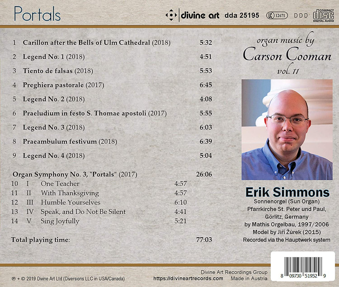 Cooman: Portals [Erik Simmons] [Divine Art: DDA25195] [Audio CD]