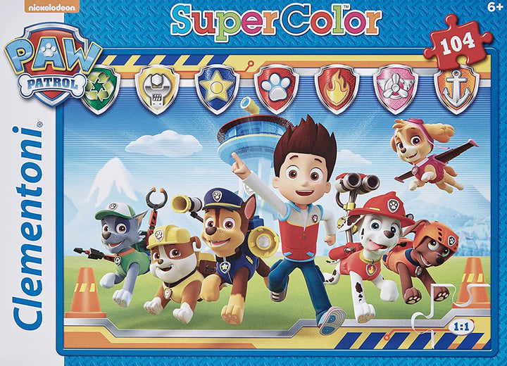 Clementoni 27945 Paw Patrol Supercolor Patrol-104 Pieces-Jigsaw Kids Age 6-Made in Italy, Cartoon Puzzles, Multicoloured, 104 Pezzi