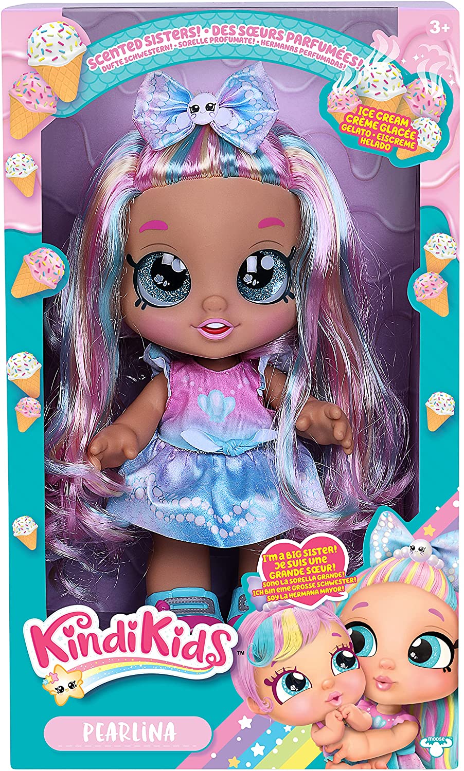 Kindi Kids Pearlina Summer Ice Cream Scented Big Sister Official 10 Inch Toddler Doll with Bobble Head, Big Glitter Eyes, Changeable Clothes and Removable Shoes