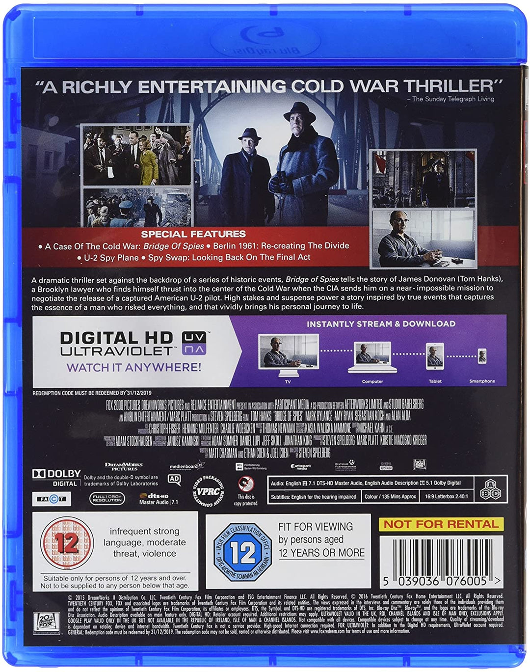 Bridge Of Spies BD [2015] [Region Free] - Thriller/Drama [Blu-ray]