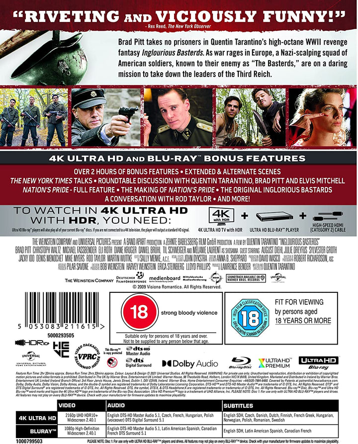 Inglourious Basterds [4K Ultra HD] [2009] [Region Free] - War/Action [Blu-ray]