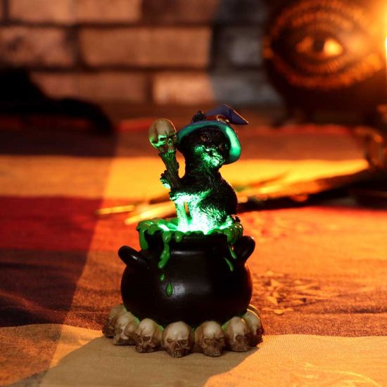 Spook Witches Familiar Black Cat and Bubbling Cauldron Figurine